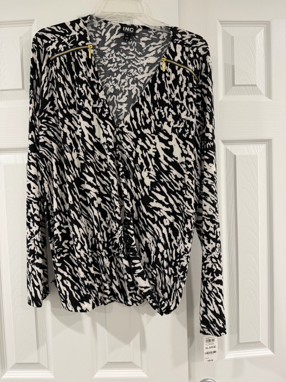 INC International Concepts Black & White Abstract Printed Top with Gold Zips